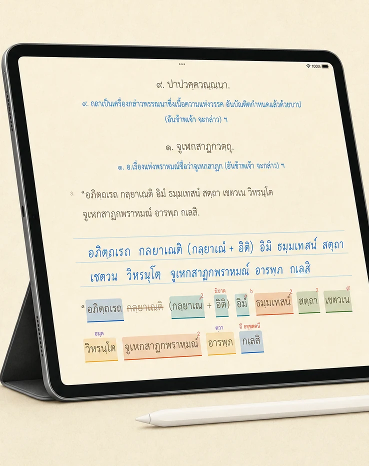 แอป PuriNotes สมุดฝึกแปลบาลี — หน้าห้องสมุดบน iPad มีสมุดฝึกธรรมบทครบทุกภาค